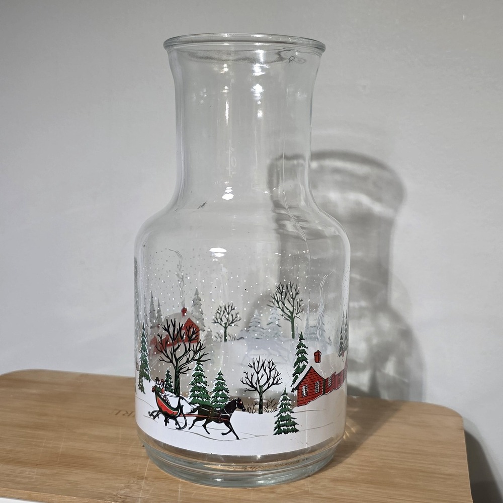 KIG Clear Glass 52 Oz Carafe W/Snow Scene, Red House, Riding In Sleig, No Lid